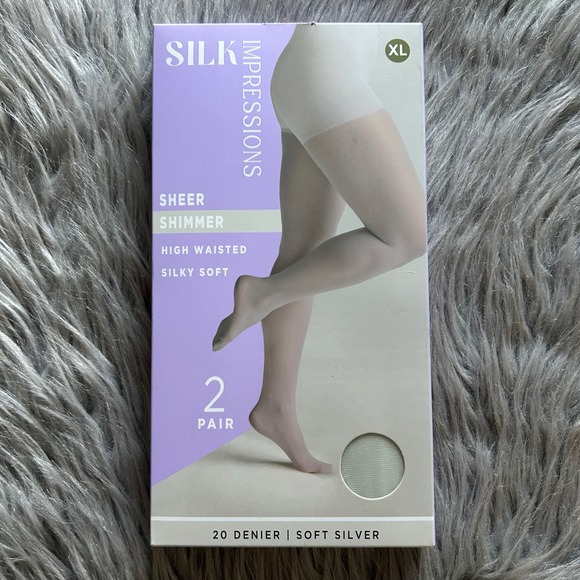 Silk Impressions Sheer Shimmer Tights Women's Size XL Soft Silver High Waisted - Picture 1 of 5
